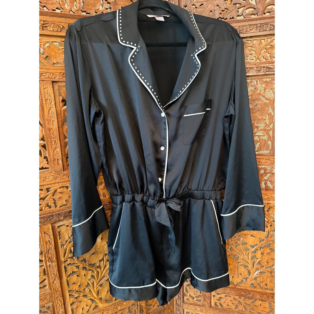 Victoria's Secret Black Satin Rhinestone Romper Pajamas Long Sleeve Sleepwear L